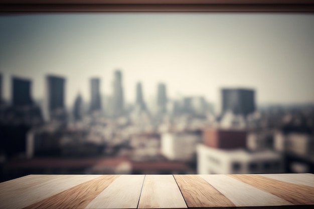 Wood table top against a blurry background of a building wall and a window