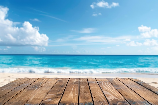 Wood table top on beach background for product display