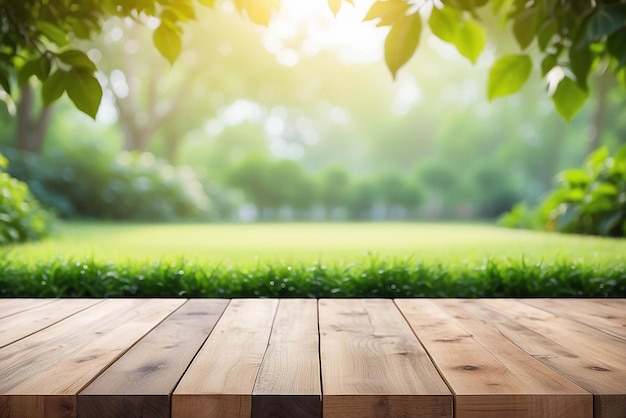 木製のテーブルトップは,午前の背景の庭から抽象的な緑色で,製品ディスプレイまたはデザインのキービジュアルレイアウトのために.