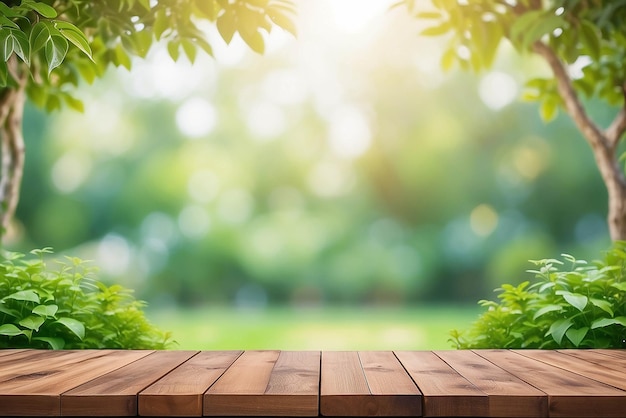 Деревянная столовая поверхность на размытом абстрактном зеленом от сада в утреннем фоне для монтажа отображения продукта или дизайна ключевой визуальной планировки