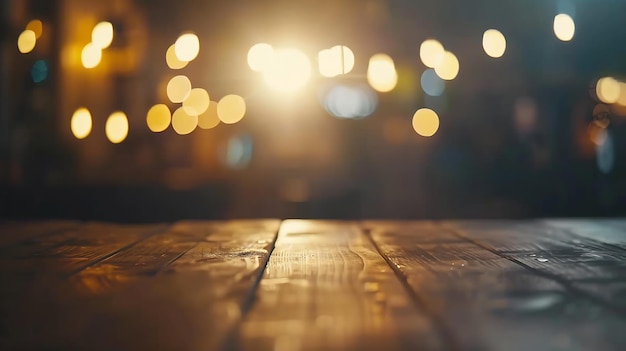 Wood table top on blur bokeh coffee shop or cafe restaurant background Can be used f Generative AI