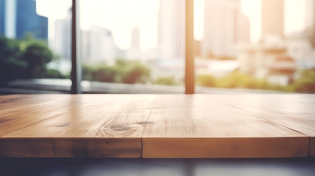 Wood table top on blur glass window wall building background Generative ai