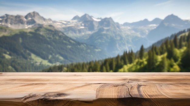 Wood table top on blur hill mountain a sunrise nature background landscape with desk plank can be u