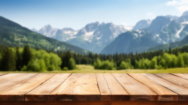 Wood table top on blur hill mountain a sunrise nature background landscape with desk plank can be u