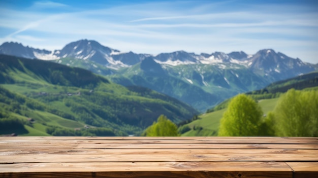 Wood table top on blur hill mountain a sunrise nature background landscape with desk plank can be u