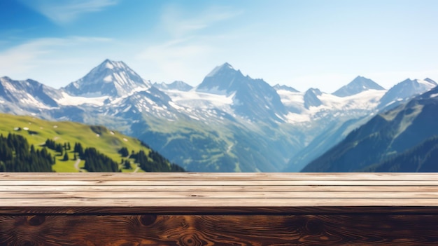 木製のテーブルトップはブラーヒルマウンテンで日出の自然の背景の風景でデスクの板は