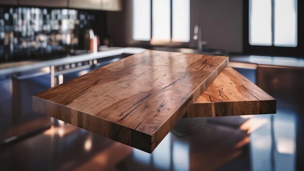 Wood table top on blur kitchen counter 3d rendering