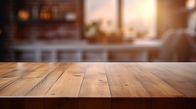 wood table top on blur kitchen counter background for montage product display ai generated