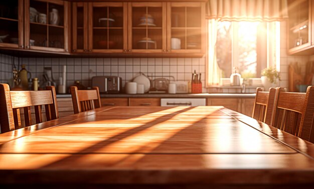 wood table top on blur kitchen counter background for montage product display ai generated