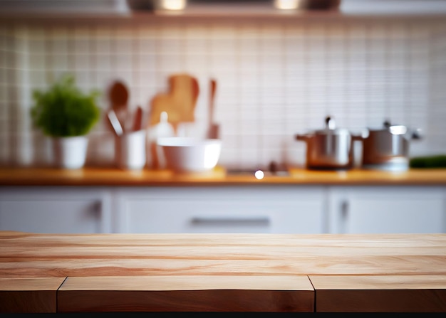 Wood table top on blur kitchen counter background for montage product display ai generated