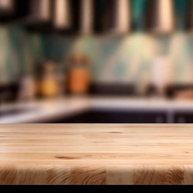 Wood table top on blur kitchen counter background For montage product display or design