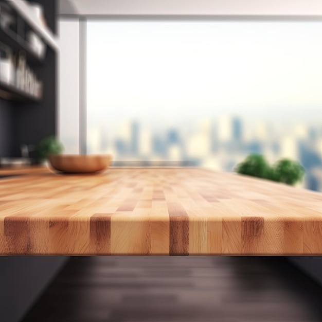 モンタージュ製品の表示またはデザイン用のぼかしキッチン カウンターの背景に木のテーブル トップ