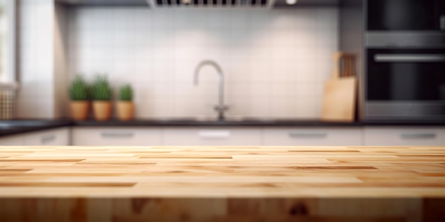 Wood table top on blur kitchen counter background