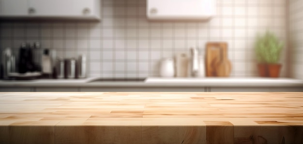 Wood table top on blur kitchen counter background