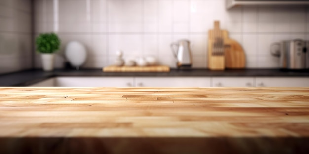 Деревянная столешница на размытом фоне кухонной стойки