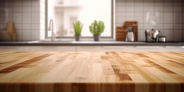 Wood table top on blur kitchen counter background