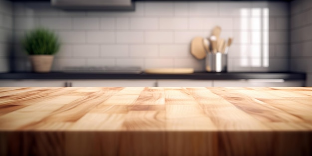 Wood table top on blur kitchen counter background