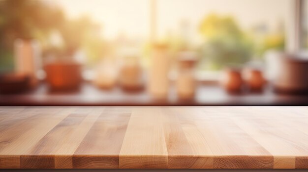 Wood table top on blur kitchen counter background