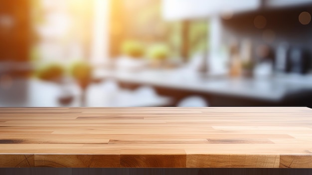 木製のテーブルトップがキッチンカウンターの背景にぼんやりしている