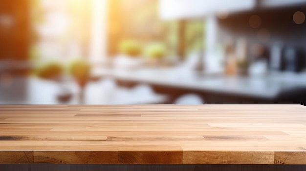 Wood table top on blur kitchen counter background