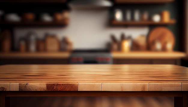 Wood table top on blur kitchen room background For montage product display or design key visual layout