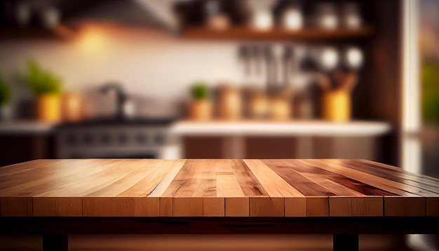 Wood table top on blur kitchen room background For montage product display or design key visual layout