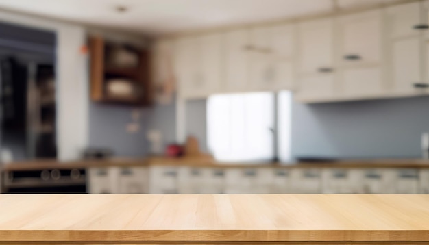 Wood table top on blur kitchen room interior background For montage product display or design key