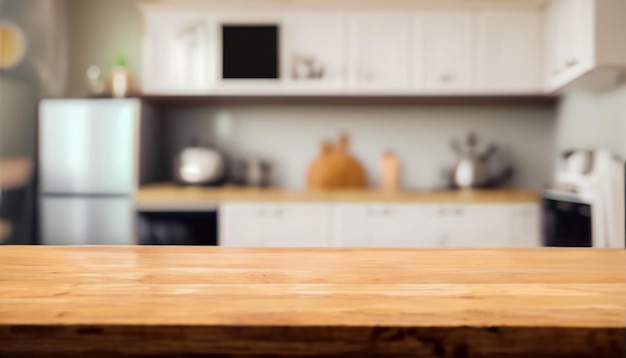 モンタージュ製品表示またはデザイン キー用のぼかしキッチン ルーム インテリア背景に木のテーブル トップ