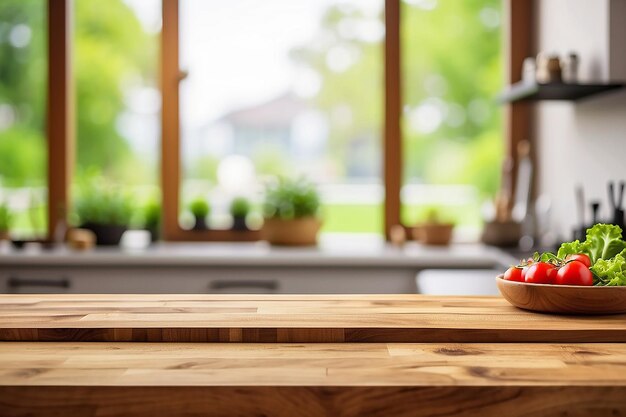 Photo wood table top on blur kitchen window background can be used for display or montage your products