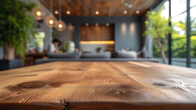 Wood table top on blur living room background