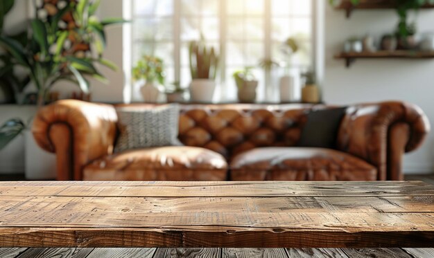 Wood table top on blur living room have leather sofa and decoration minimal