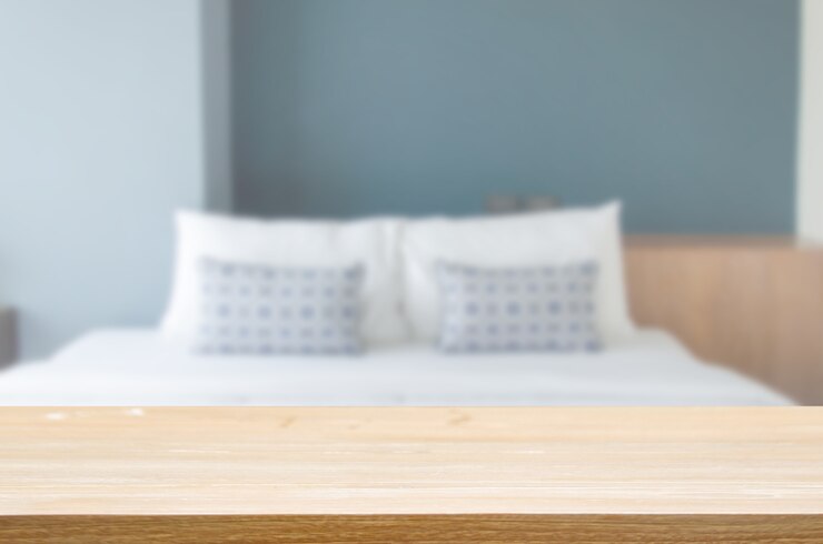 Wood table top blur pillow on bedrooms