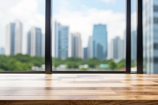Wood table top on blur white glass window background form office building