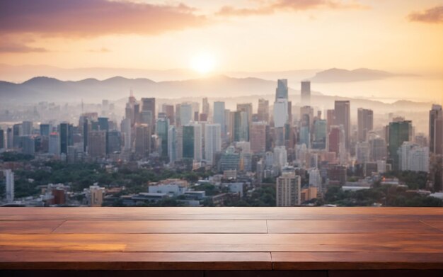 Photo wood table top on blurred cityscape background at sunset aerial view can be used for display or montage your products high quality photo