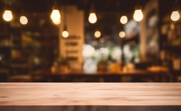 Wood table top on blurred of counter cafe shop with light bulb background