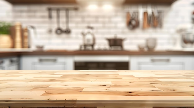 Photo wood table top on blurred kitchen background can be used mock up for montage produc generative ai
