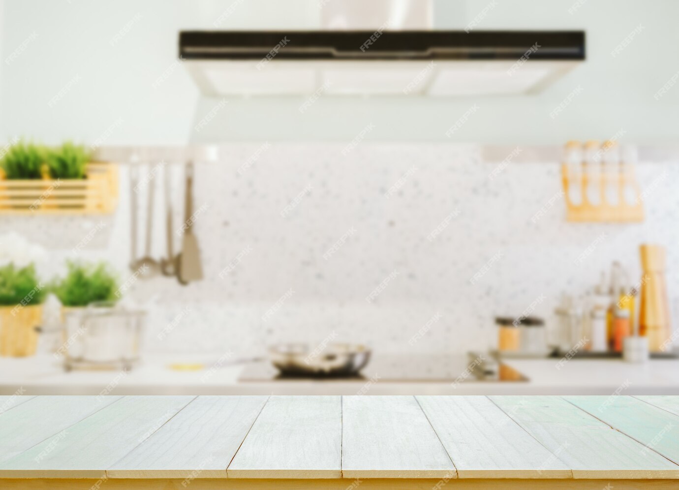 Premium Photo | Wood table top on blurred kitchen background