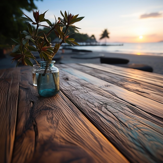 Foto piano del tavolo in legno su uno sfondo sfocato di vista sul mare