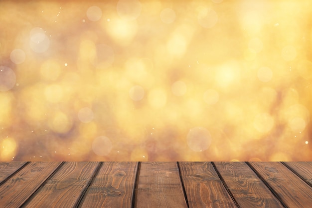 Photo wood table top on golden bokeh abstract background