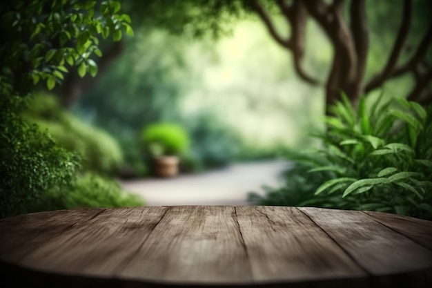 The wood table top on a The green forest bokeh background can be used for display or montage of you