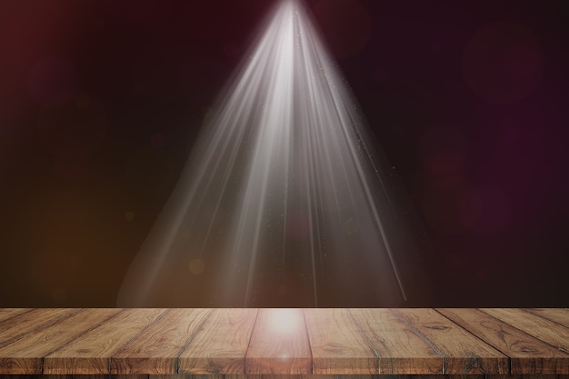 Wood table top on lighting on stage background