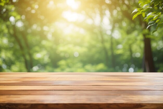 Wood table top and nature blurred abstract background