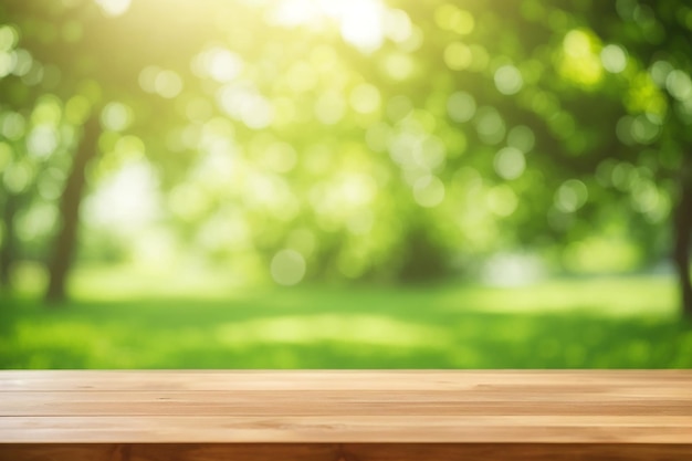 Деревянная столовая поверхность на природе зеленый размытый фон для монтажа ваших продуктов
