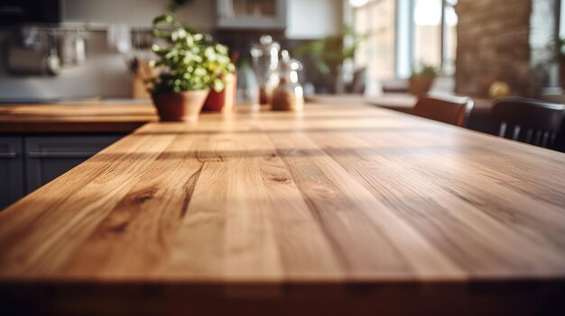 Фото Деревянная столовая на размытом кухонном фоне пустая
