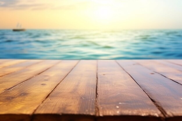 Photo wood table top on sea water background