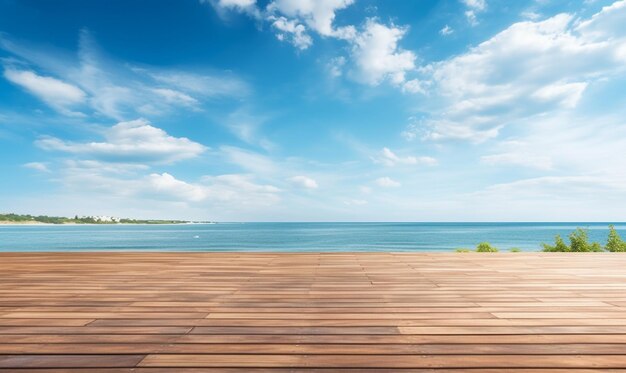 Photo wood table top over summer beach and blue sky