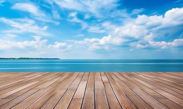 Photo wood table top over summer beach and blue sky