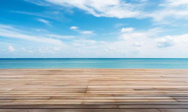 Photo wood table top over summer beach and blue sky