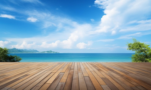 Photo wood table top over summer beach and blue sky