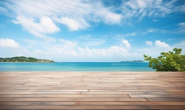 Wood table top over summer beach and blue sky